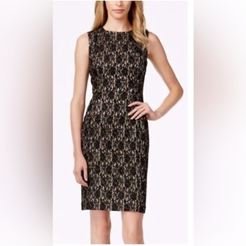 NWT Tahari Black/Gold Metallic Stretch Glitter Lace Sheath Dress size 8 cocktail